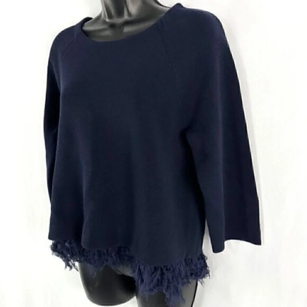 J. Crew Silk Laser Cut Chiffon Fringe 3/4 Sleeve Sweater Top Navy Blue Small‎
